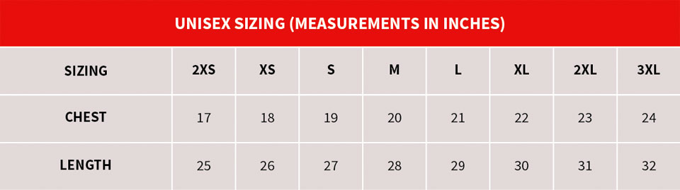 Singapore City Race Tee Size Chart